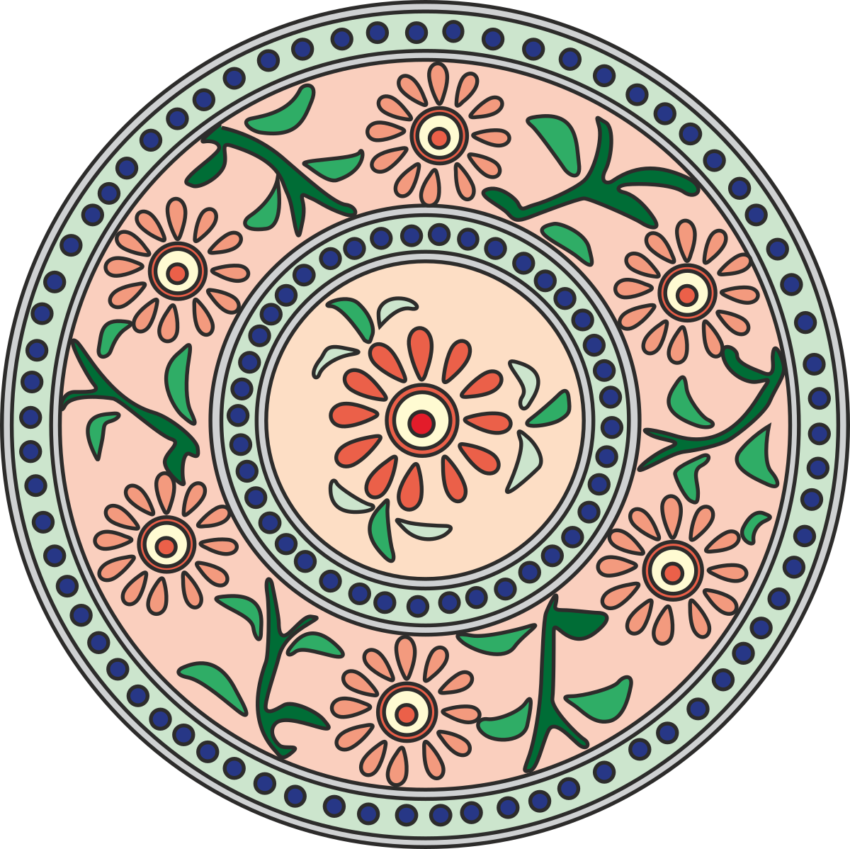 Floral Circular Design Clipart  Vibrant Flowers and Leaves
