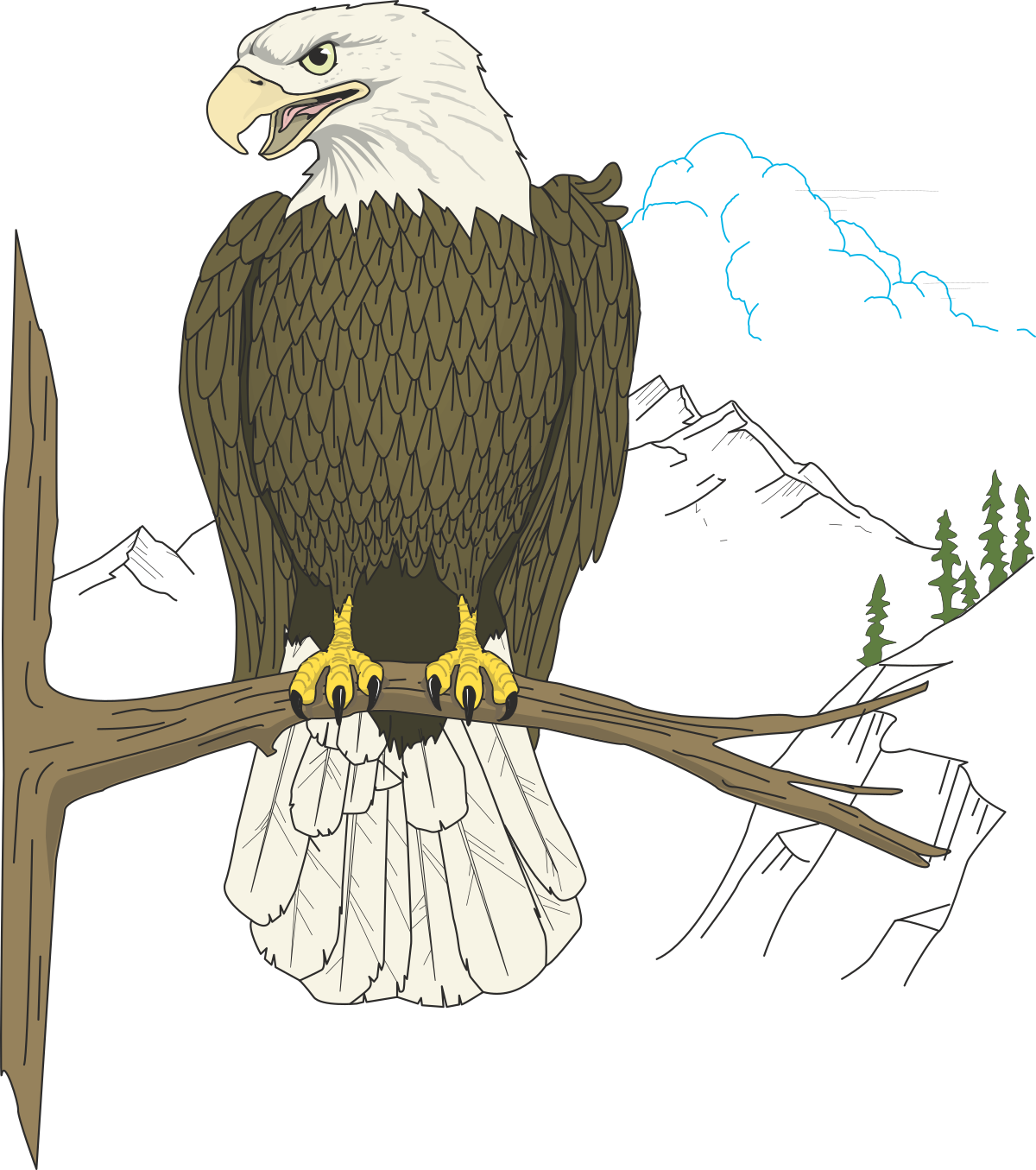 Eagle on Branch with Majestic Mountain Background Clipart