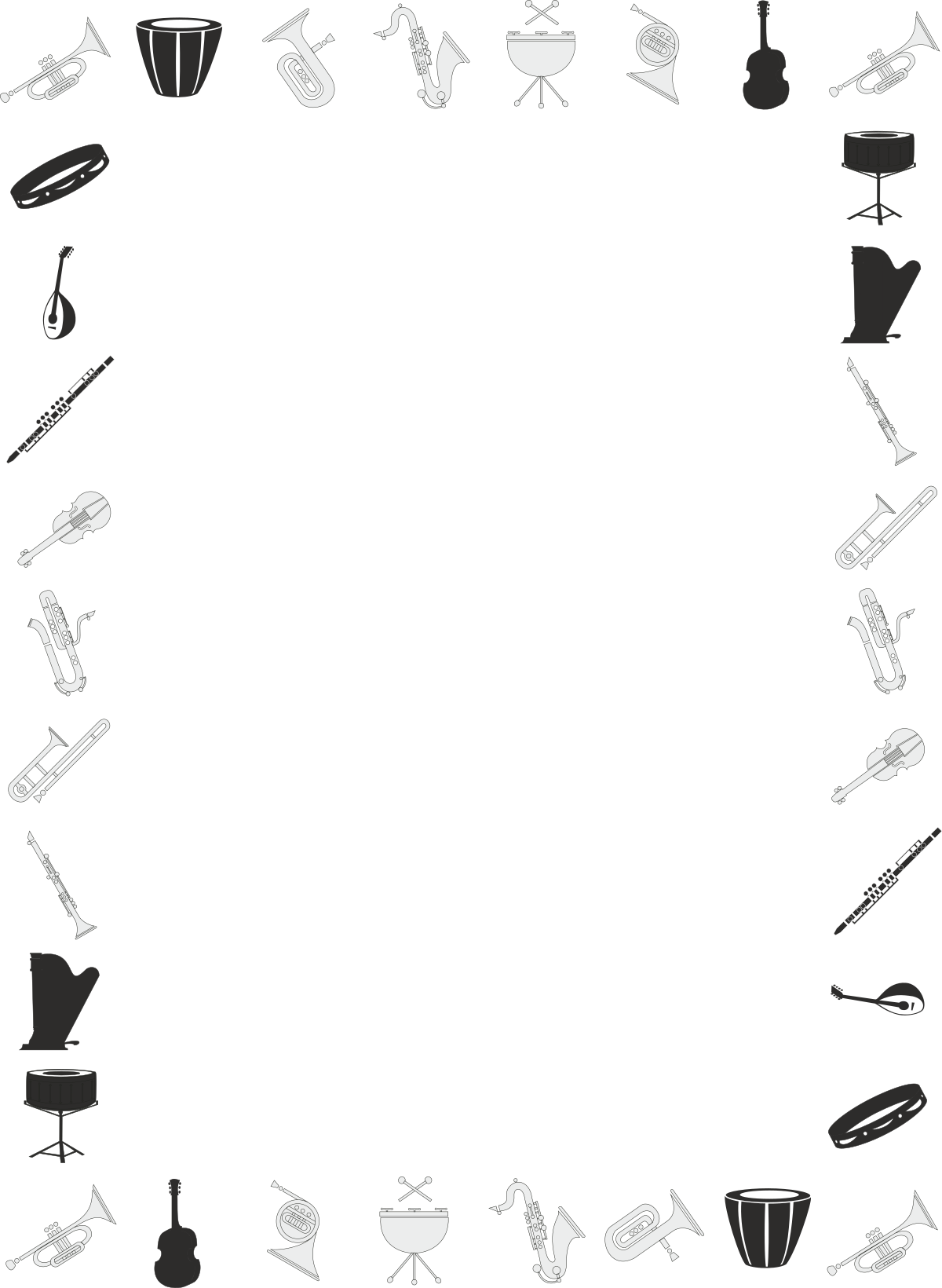 a black and white frame with musical instruments clip art png transparent Borders and Leisure - Musical Ensemble Clipart with Instruments