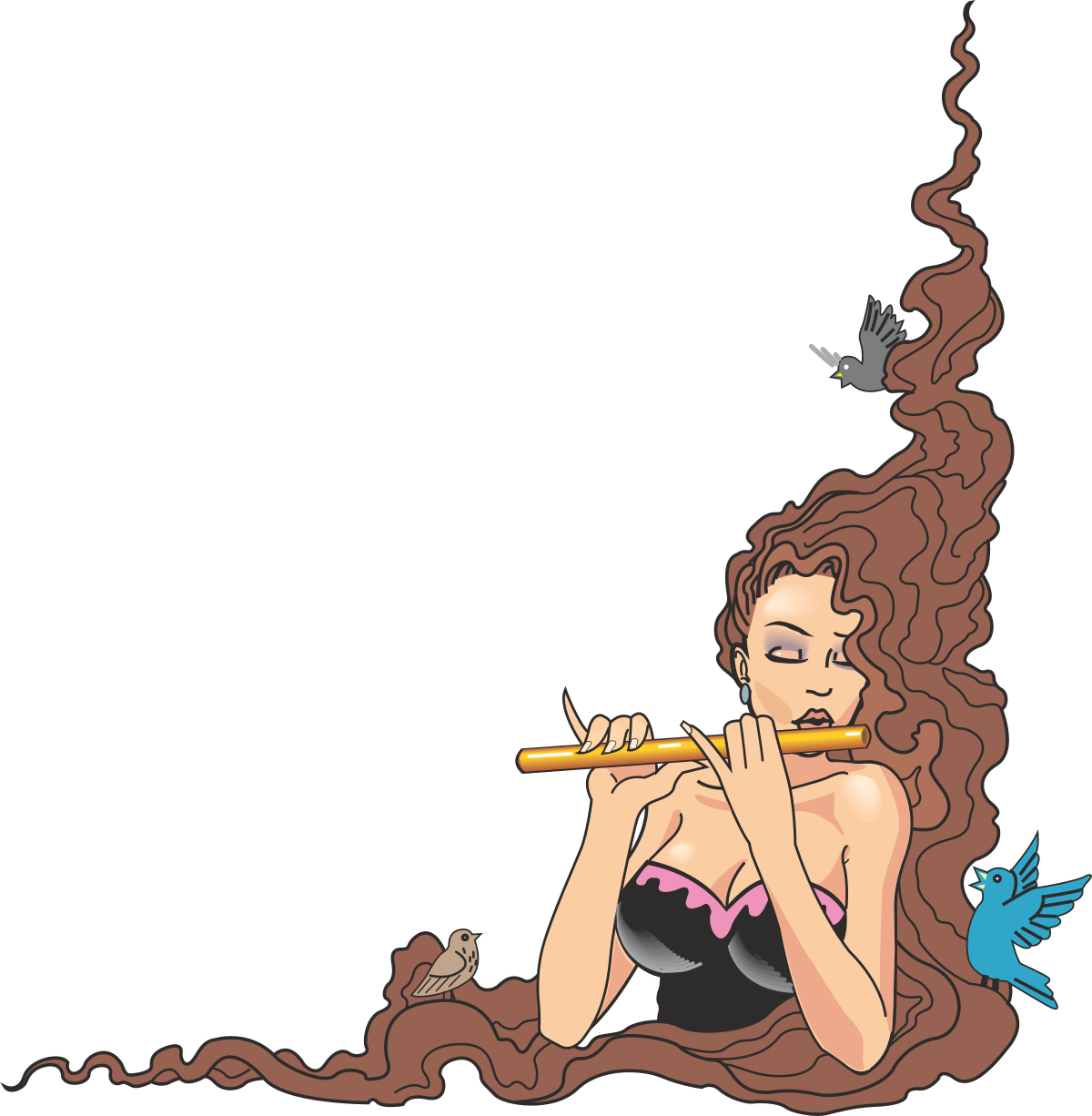 a woman smoking a cigarette with a bird flying around her clip art png transparent Borders and People Clipart: Woman Smoking with Bird and Flute