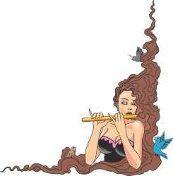 Borders and People Clipart: Woman Smoking with Bird and Flute