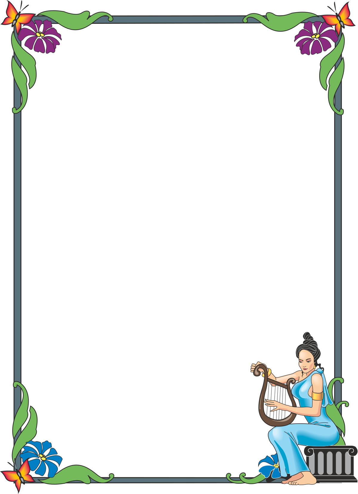 a woman playing the harp with flowers around her clip art png transparent Borders and People: Woman Playing Harp Surrounded by Flowers Clipart