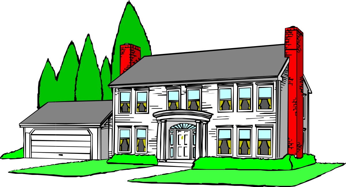 House with Red Chimney and White Garage Clipart
