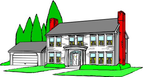 House with Red Chimney and White Garage Clipart