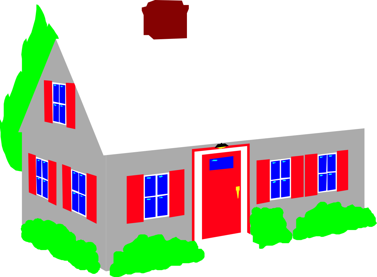 House with Red Door and Green Trees Clipart