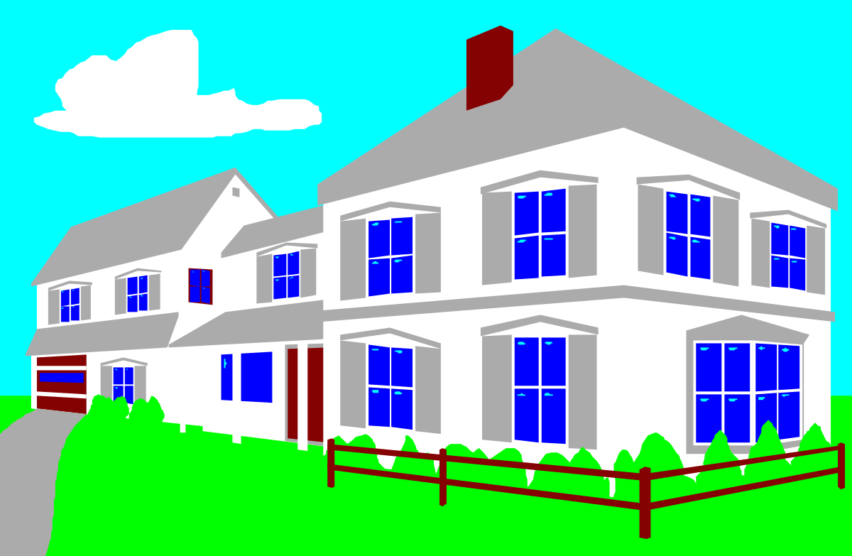 House with Red Fence and Blue Sky Clipart