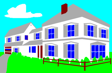 House with Red Fence and Blue Sky Clipart