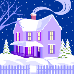 Cozy House in Snow with Tree and Fence Clipart