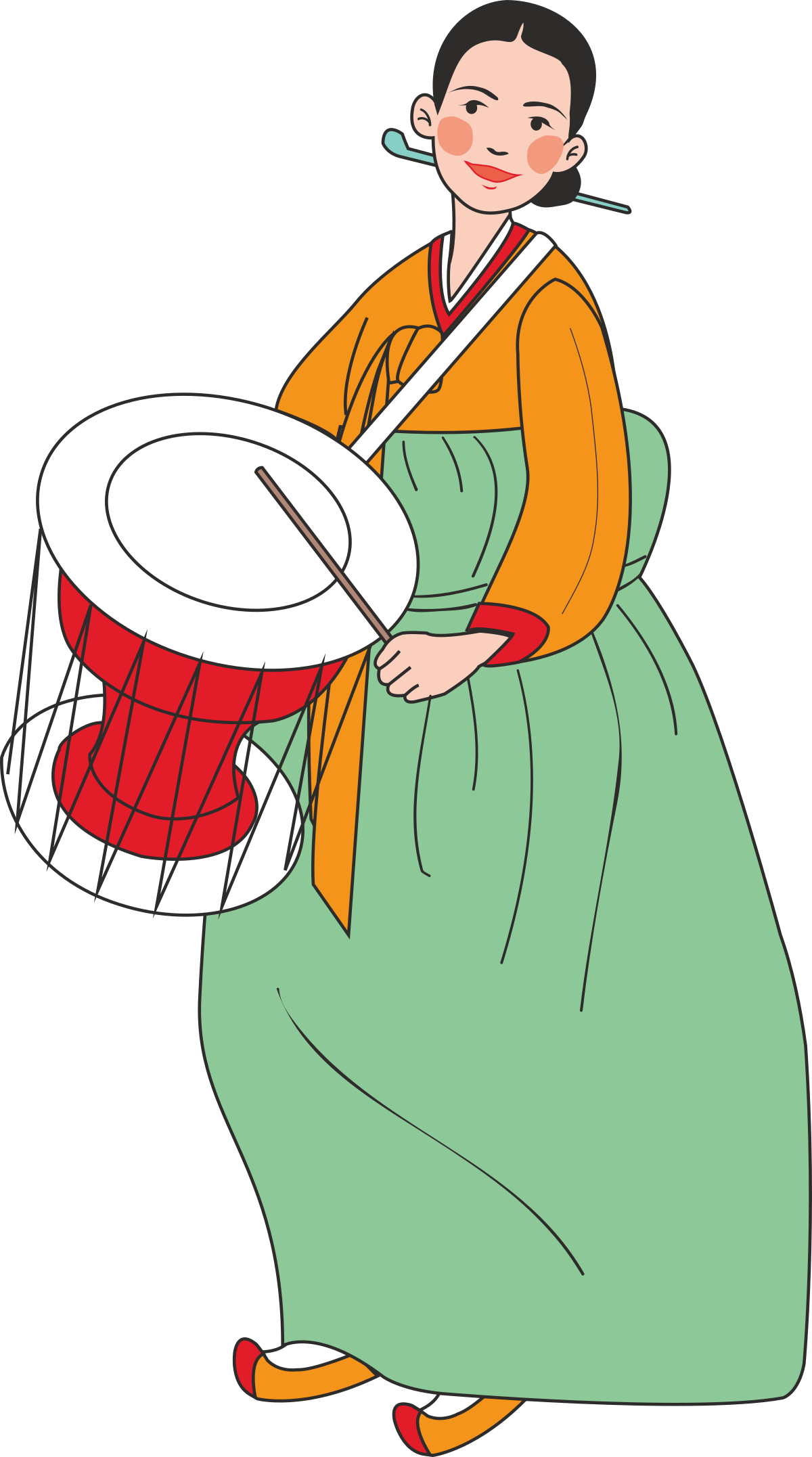 Woman in Kimono Dress Playing Drum - Traditional Japanese Clipart