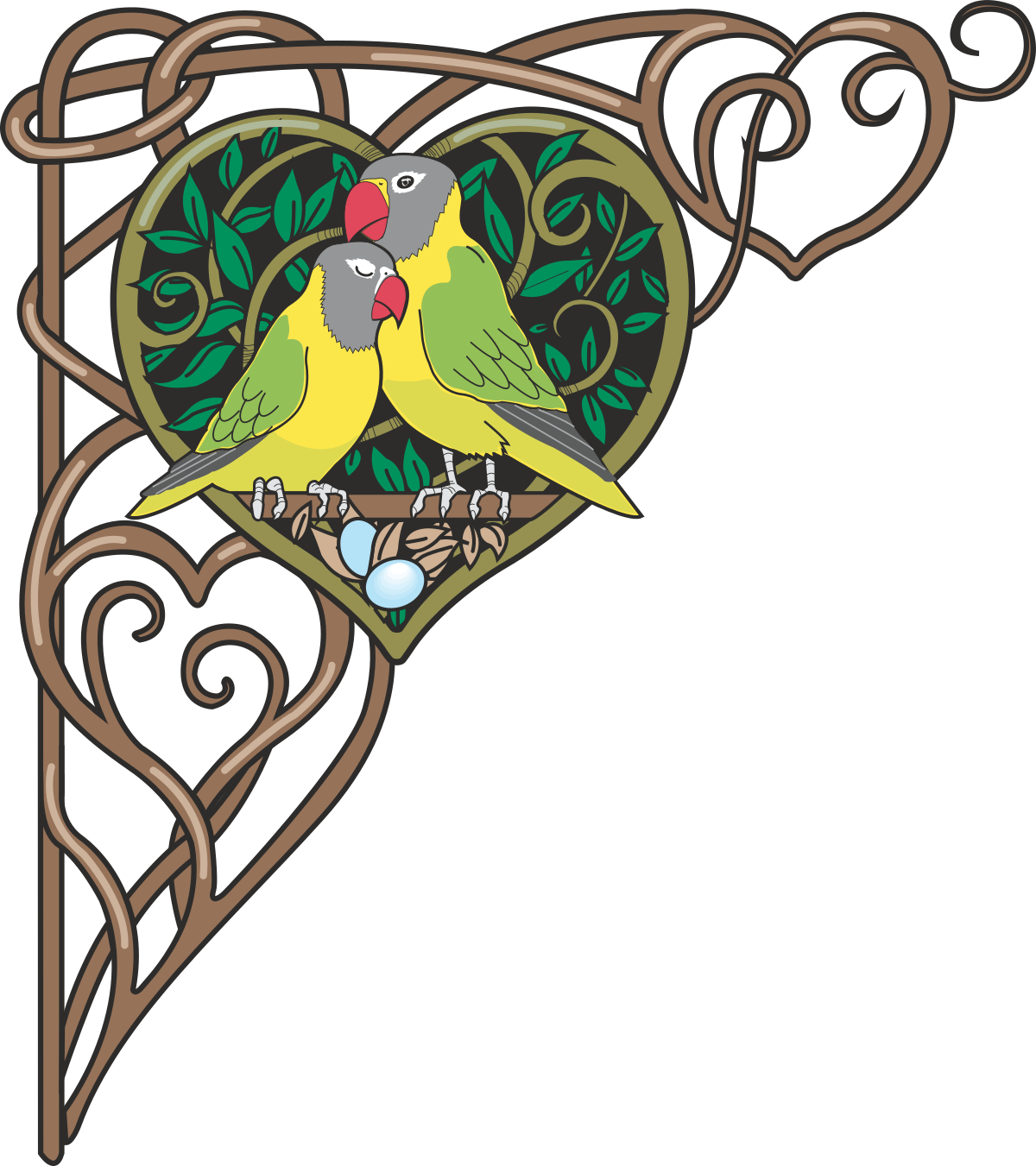 Love Birds Sitting on a Heart-Shaped Branch - Adorable Animal Borders Clipart
