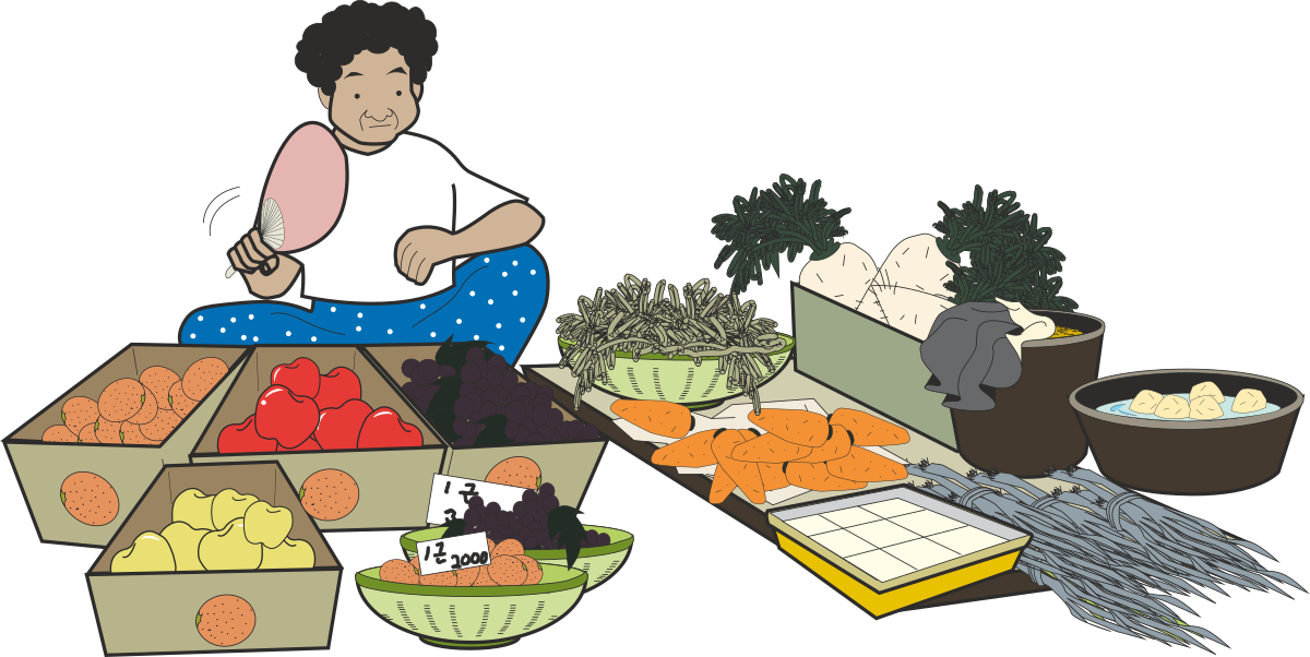 Fruit Boxes Surrounding a Woman Sitting at a Table Clipart