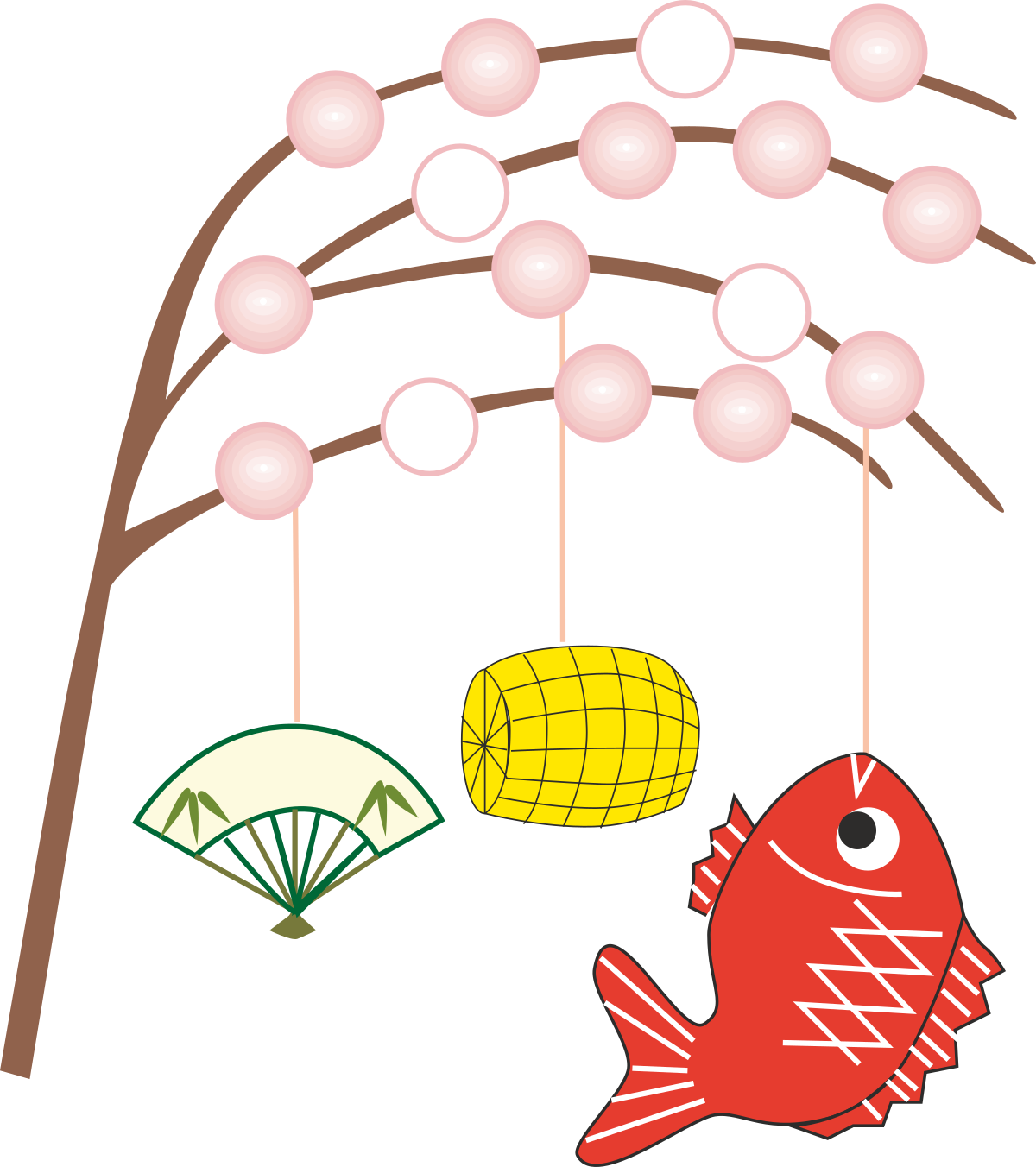 Red Fish and Green Fish Hanging from a Tree - Colorful Clipart