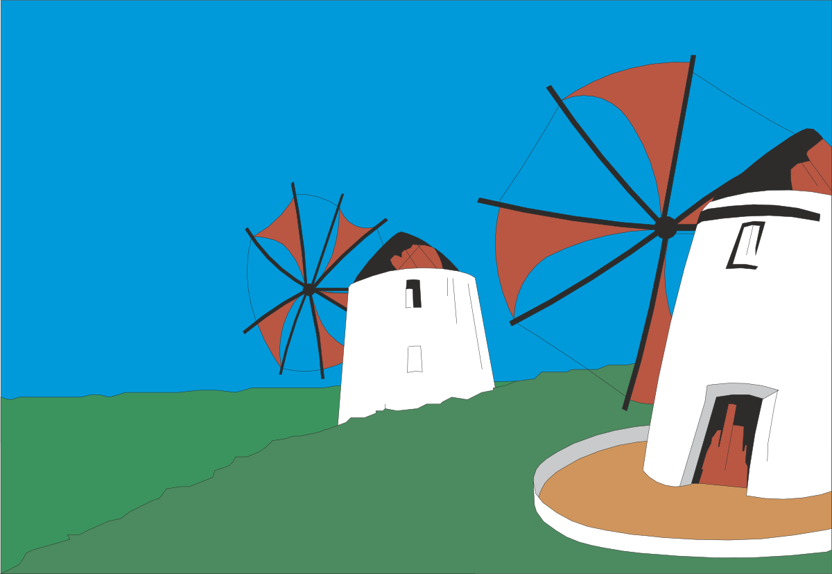 Windmill Clipart on a Hill - Scenic Landscape Illustration