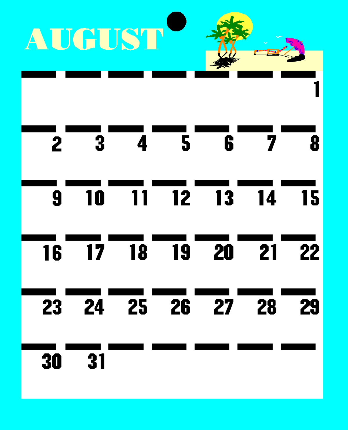 August Calendar Clipart with Beach Theme - Perfect for Summer Designs