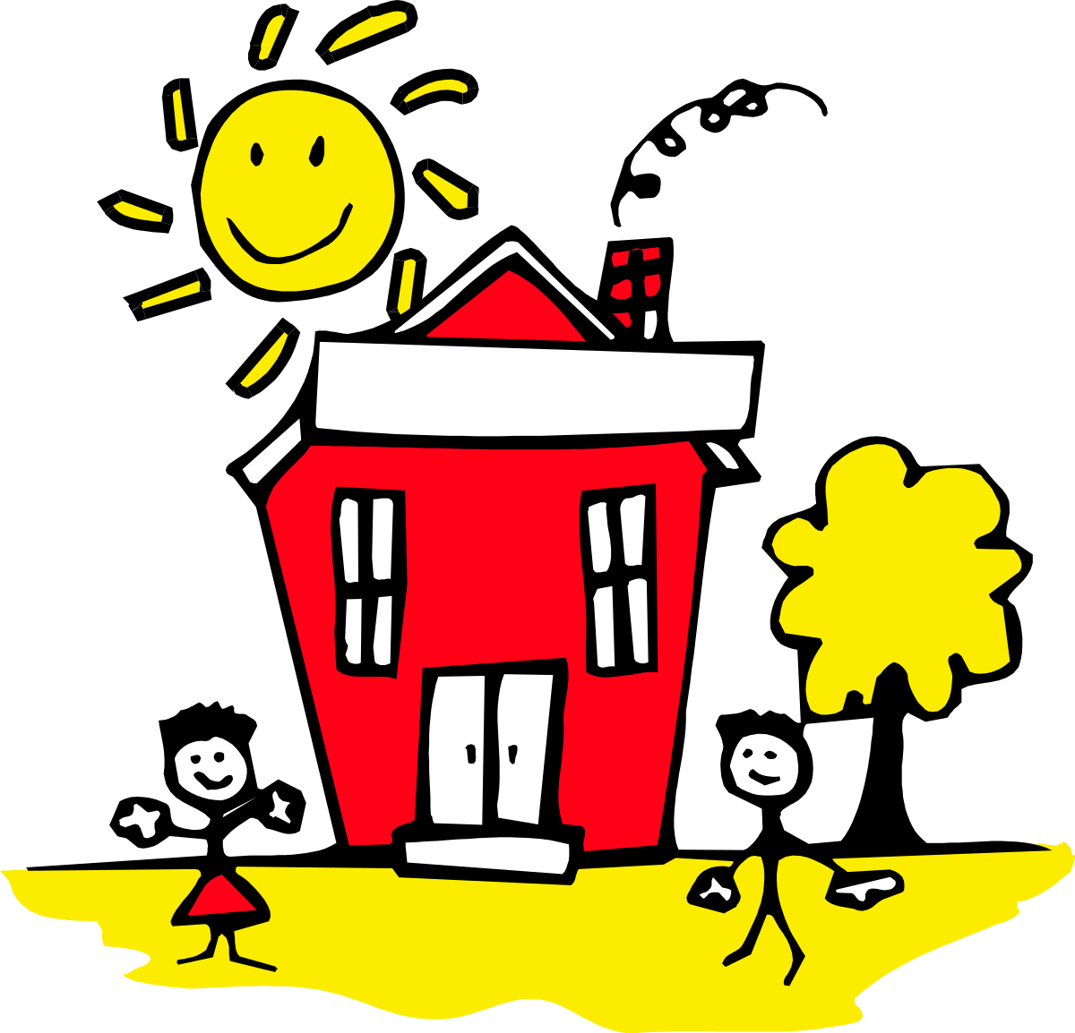 House with Sun and People Clipart - Vibrant and Lively Scenes