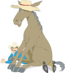 Horse Sitting on Ground Next to Man - Unique Clipart Illustration