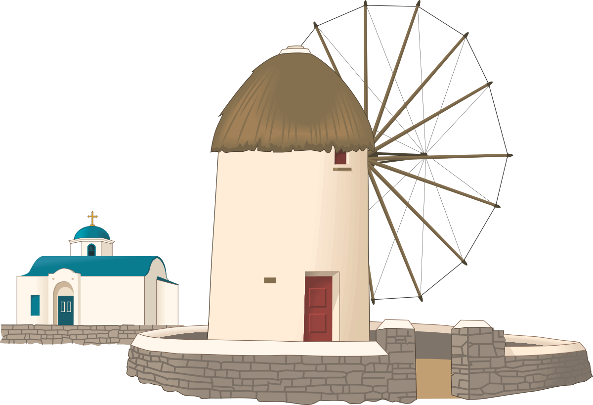 a windmill and a small church on a small island clip art png transparent Windmill and Small Church on Island Clipart: Scenic SVG Artwork