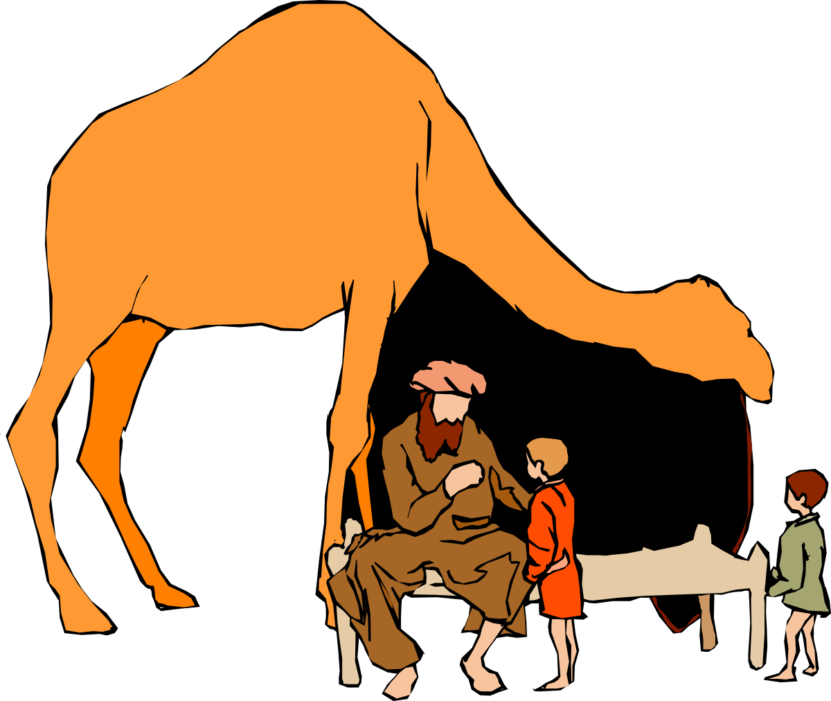 a camel is standing next to a man and a child clip art png transparent Camel Clipart – Man and Child Beside Majestic Camel Scene