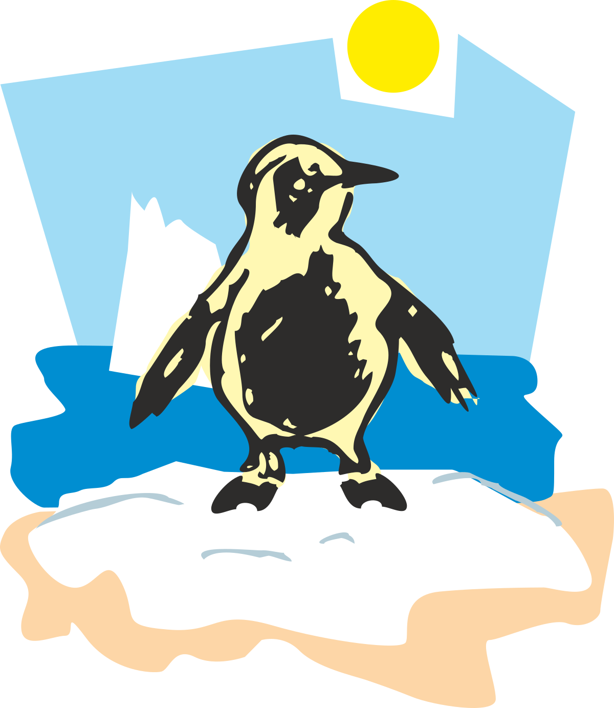 Penguin Standing on a Rock with Sun Background - Vibrant and Playful Clipart