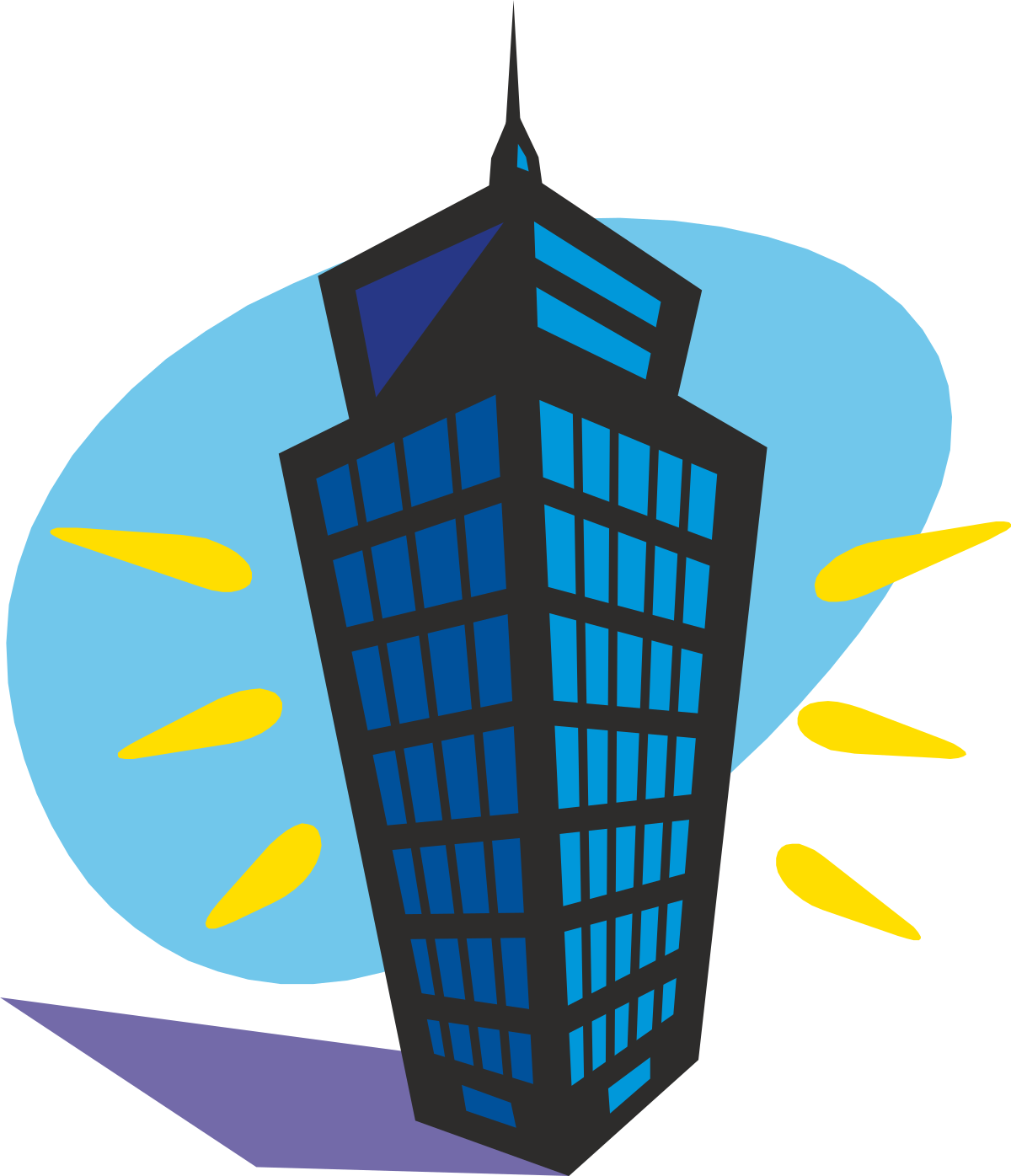 Tall Building Clipart Against Blue Sky and Yellow Sun