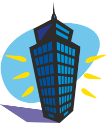Tall Building Clipart Against Blue Sky and Yellow Sun