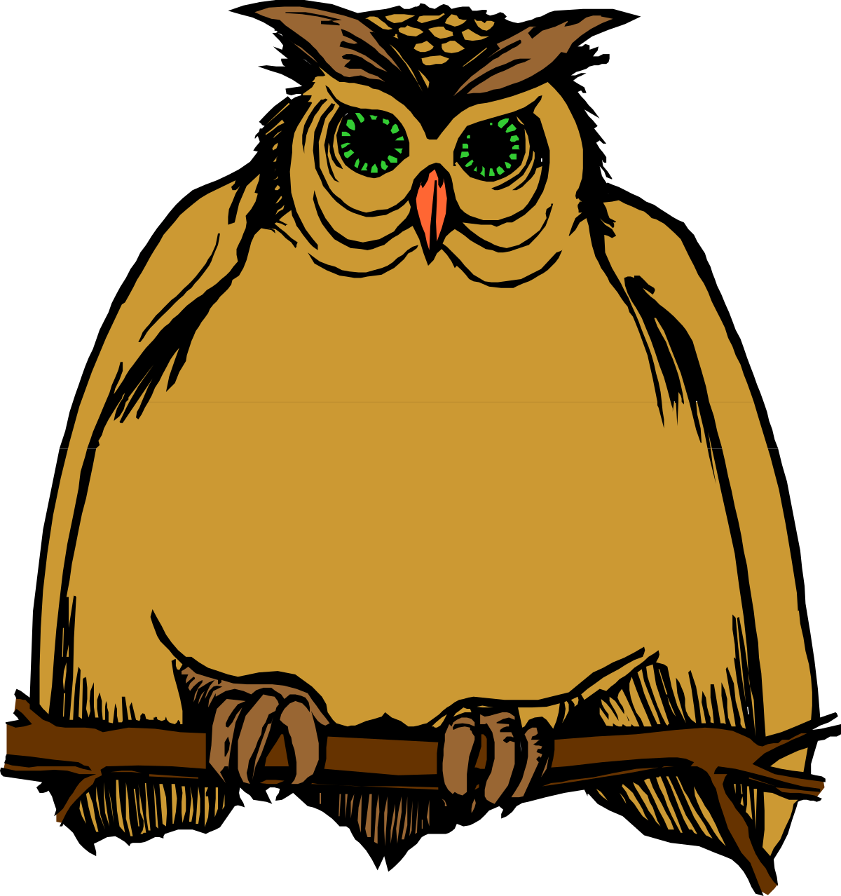 Owl Sitting on a Branch with Green Eyes - Captivating Clipart