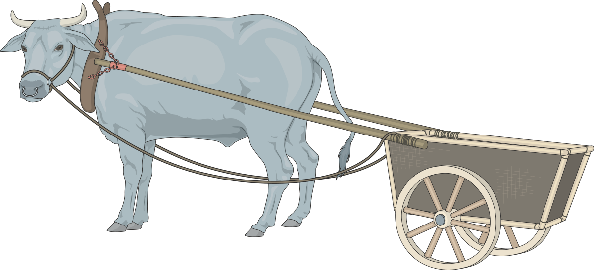 White Cow Pulling Wagon with Wooden Handle - Charming Clipart for Your Projects