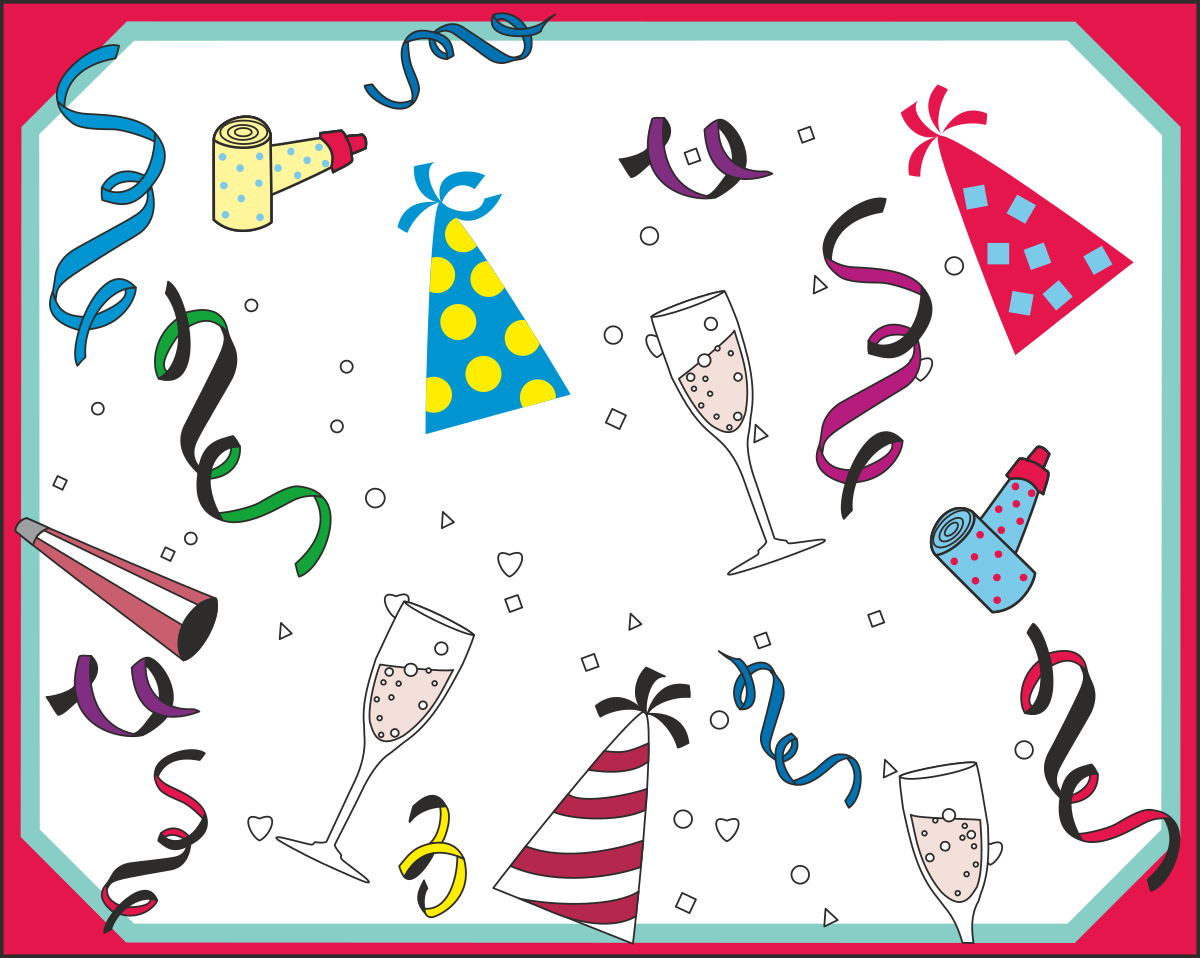 a party scene with a party hat, streamers and streamers clip art png transparent Vibrant Party Borders Clipart - Holiday Celebration Graphics