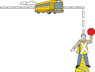 Borders and People: Crossing Guard with Red Ball in Front of School Bus Clipart
