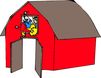Cartoon Barn with Man in Door - Vibrant Clipart for Your Projects