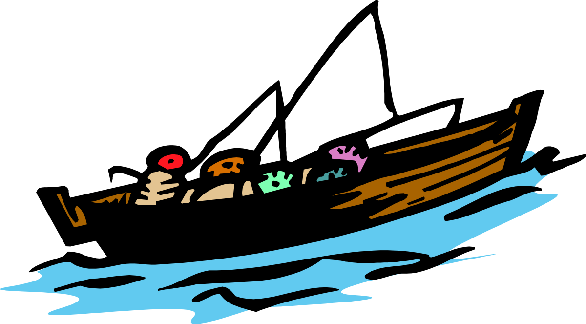 Boat with People Floating on Water Clipart