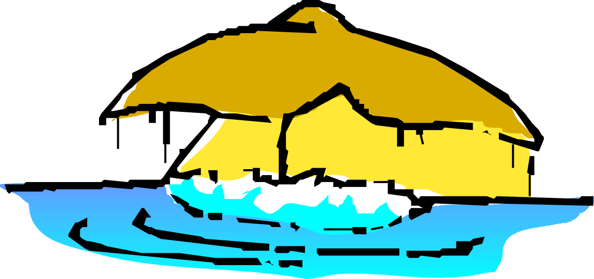 Thatched Roof Cabin Over Water with Yellow Sailboat