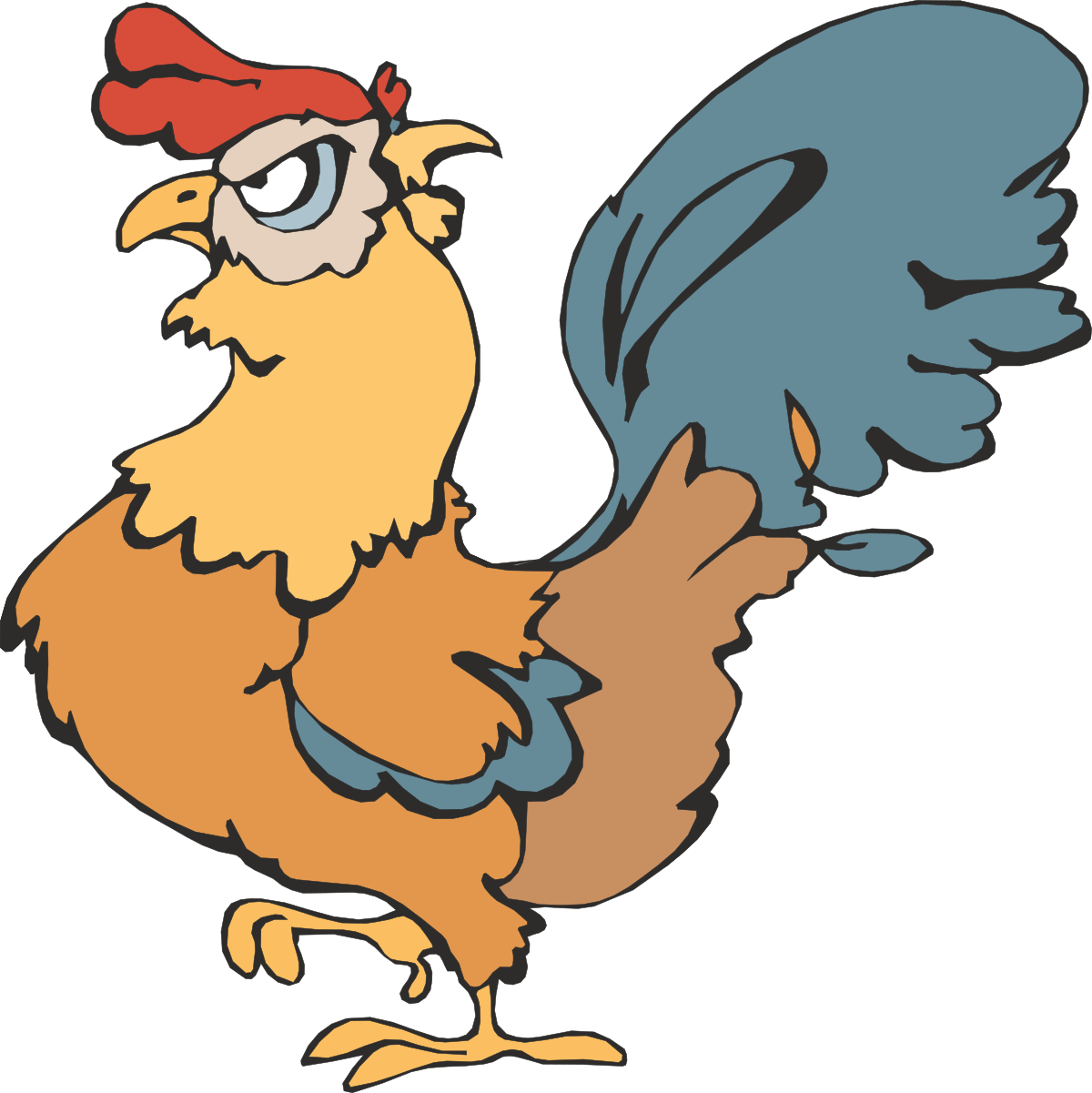 Cartoon Chicken Clipart with Red Hat and Blue Tail