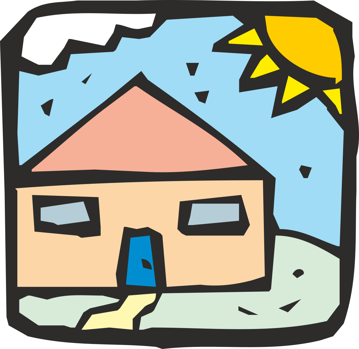 House Clipart with Blue Sky and Sun - Perfect for Bright Designs