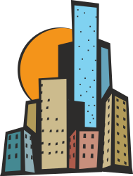 Cityscape with Buildings and Sun in Background - Vibrant Clipart