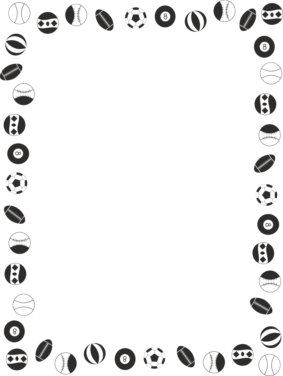 a black and white frame with a pattern of different objects clip art png transparent Borders of Leisure and Sports: Black and White Clipart Frame with Diverse Objects