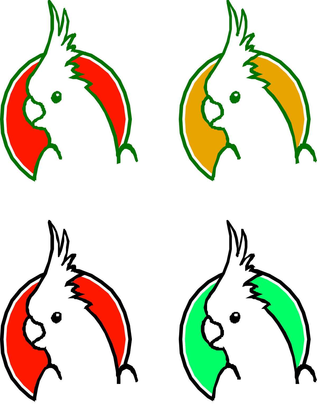 four different colored parrots with green and red clip art png transparent Colorful Parrots Collection - Vibrant Red and Green Clipart