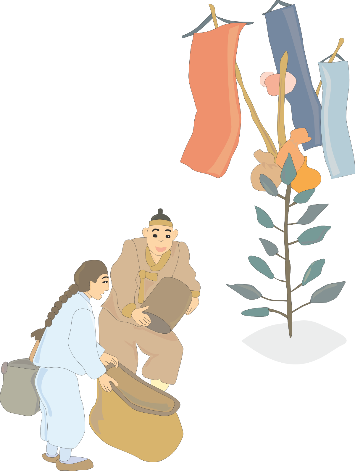 Woman Kneeling by Tree with Clothes - Nature Clipart