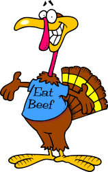 Cartoon Turkey Holding 'Eat Beef' Sign - Humorous Clipart