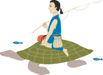 Woman Fishing on Turtle - Unique Clipart Illustration