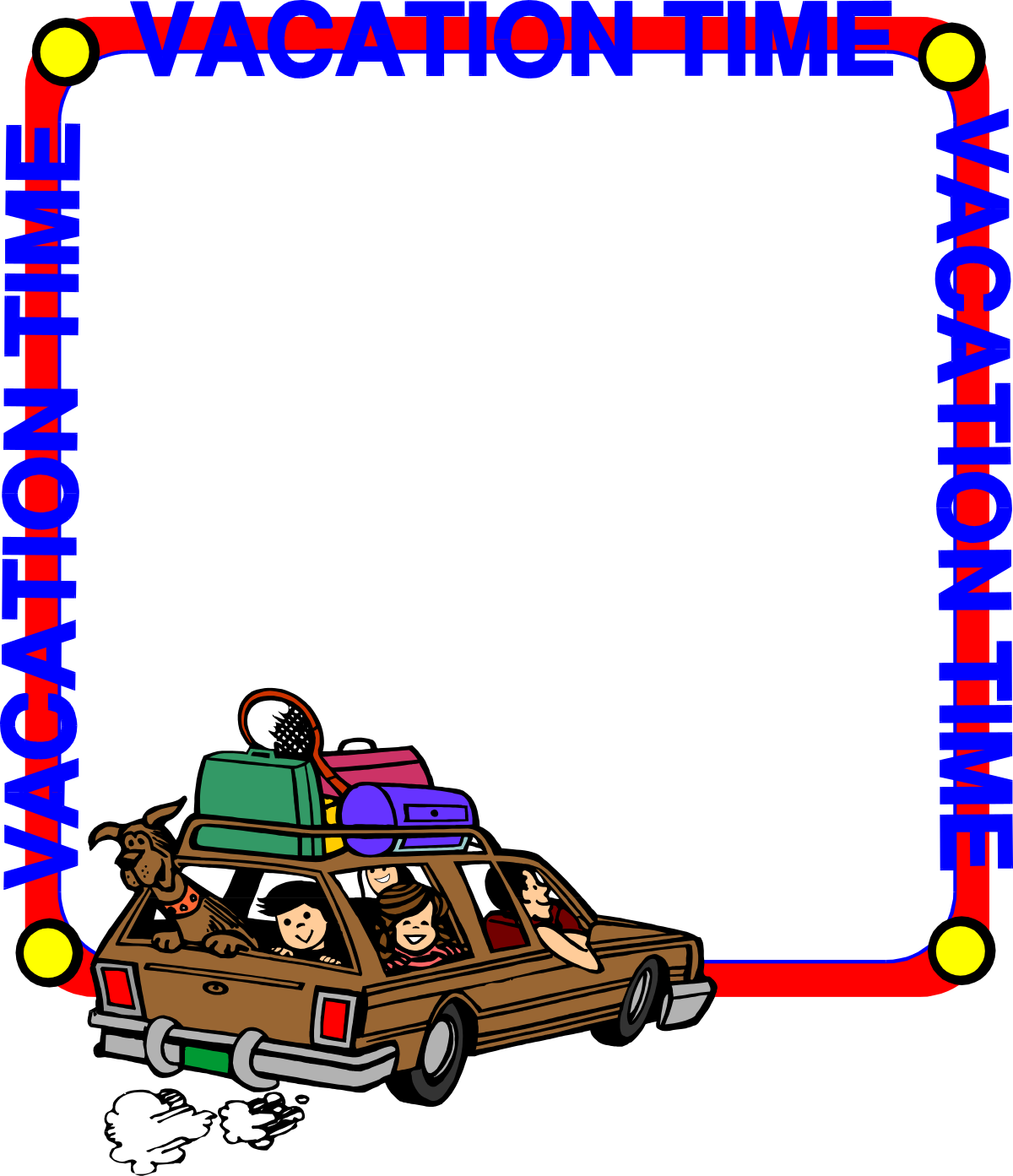 a car with luggage and a sign that says vacation time clip art png transparent Vacation Time Clipart: Luggage Car with Vacation Sign and People Borders
