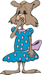 Cartoon Dog in Blue Dress with Pink Polka Dots Clipart