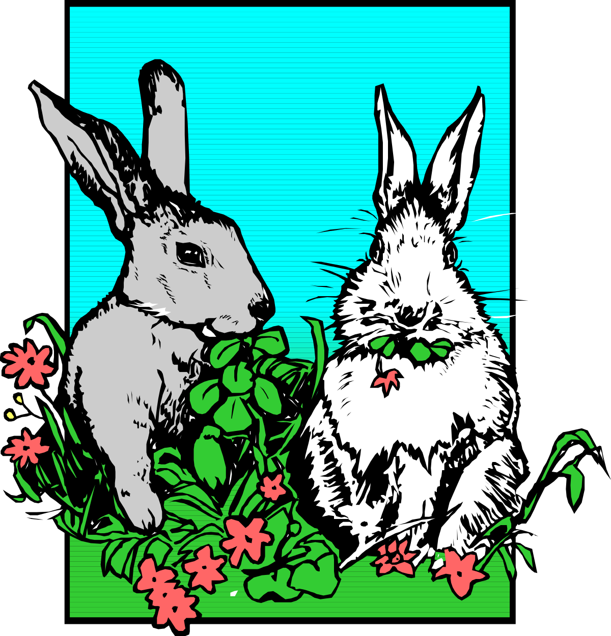 two rabbits sitting in the grass with flowers clip art png transparent Rabbits Sitting in Grass with Flowers - Charming Clipart Collection