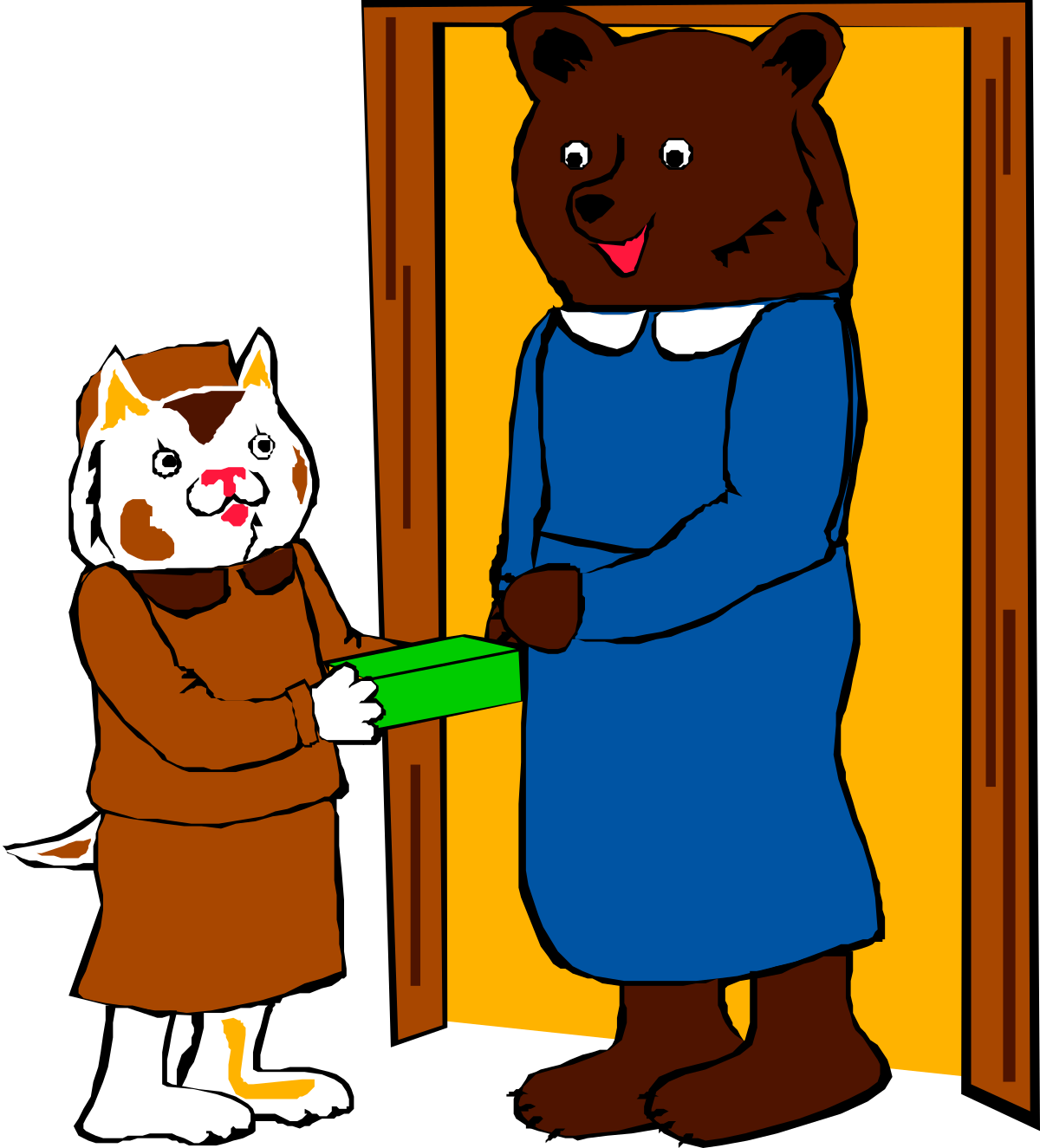 Cat and Bear Standing in Front of Door - Charming Clipart