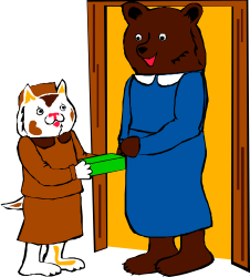 Cat and Bear Standing in Front of Door - Charming Clipart