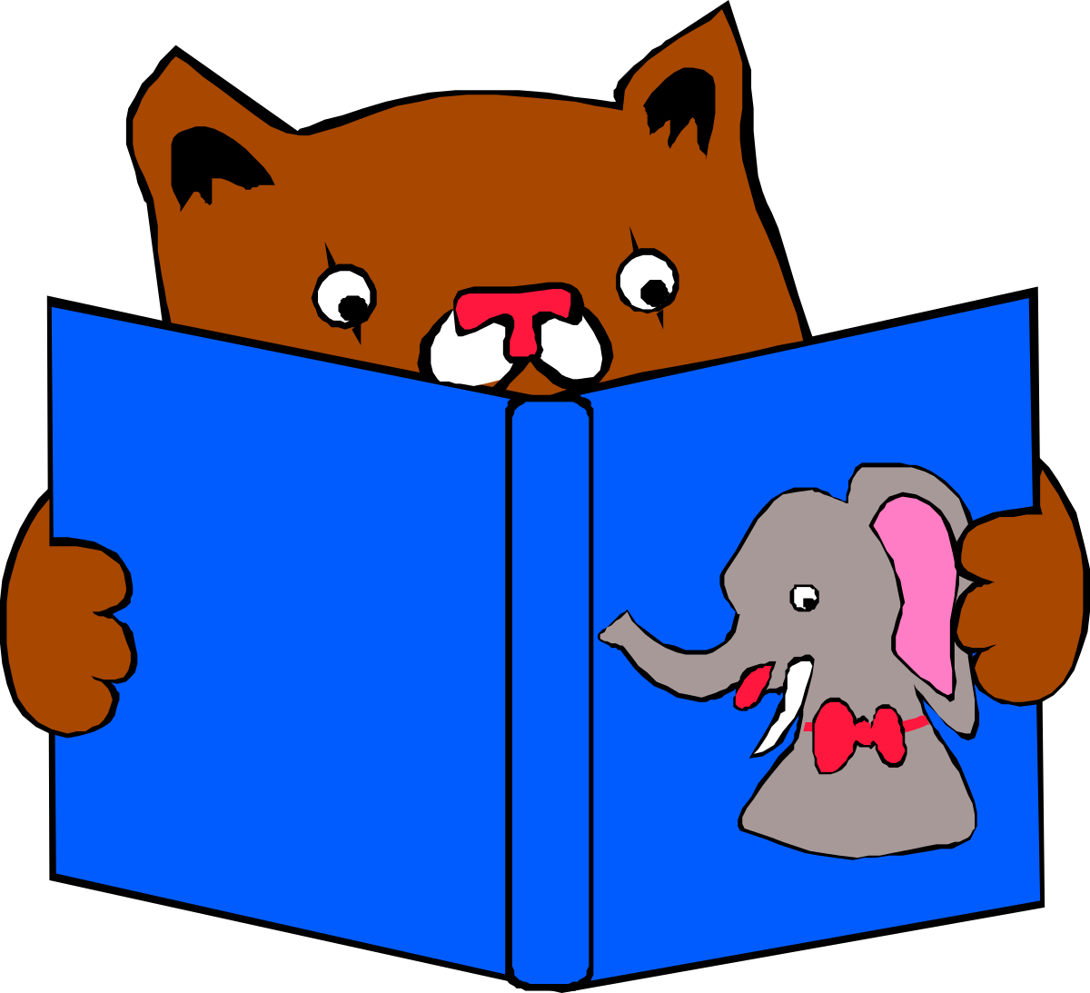 Brown Bear Reading a Book with Elephant Clipart
