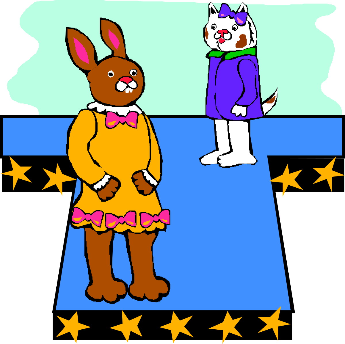 a cartoon rabbit and a rabbit standing on a blue surface clip art png transparent Cartoon Rabbit and Bunny on Blue Surface - Playful Clipart