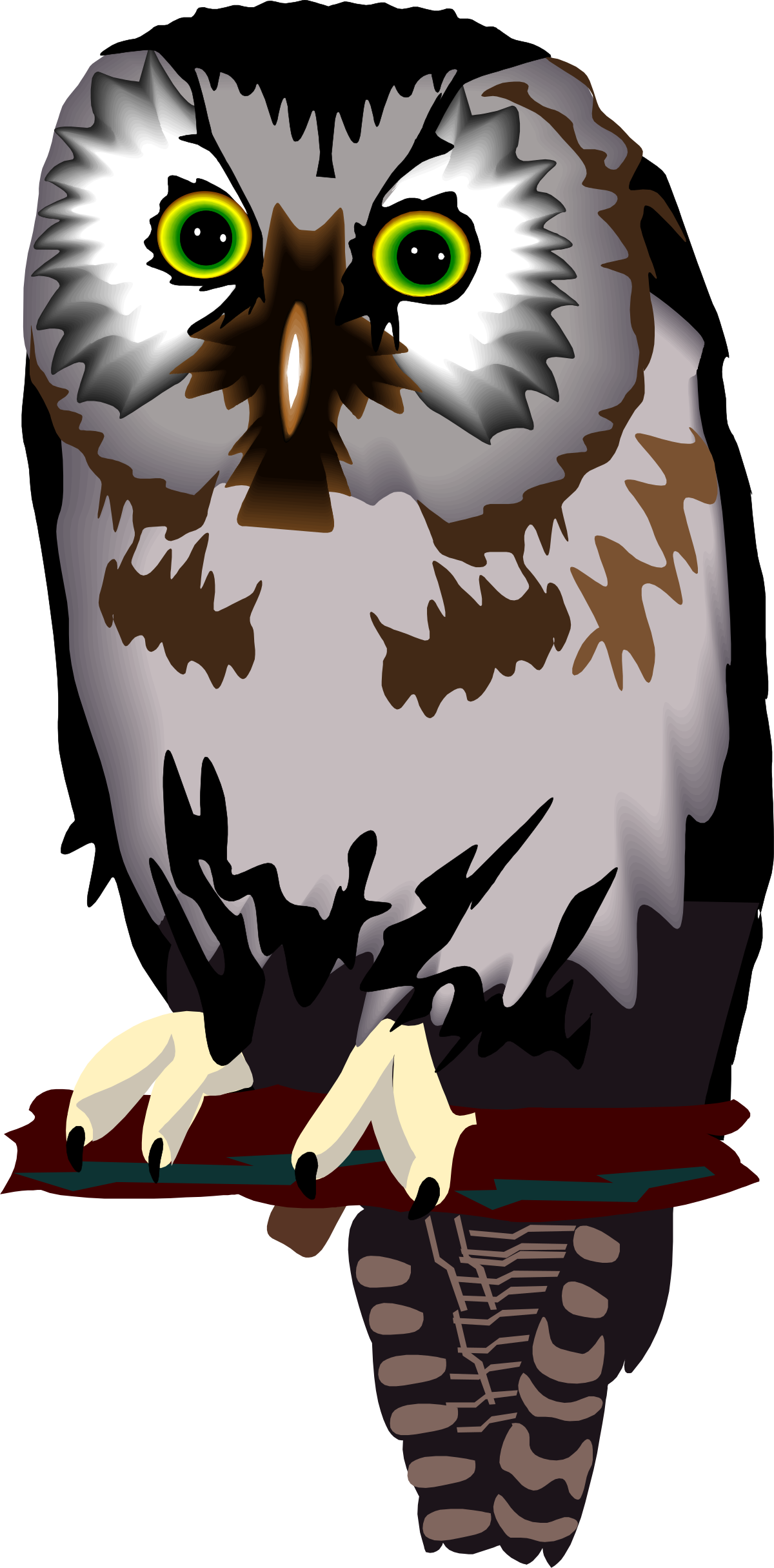 Owl with Green Eyes Sitting on a Branch - Whimsical Clipart