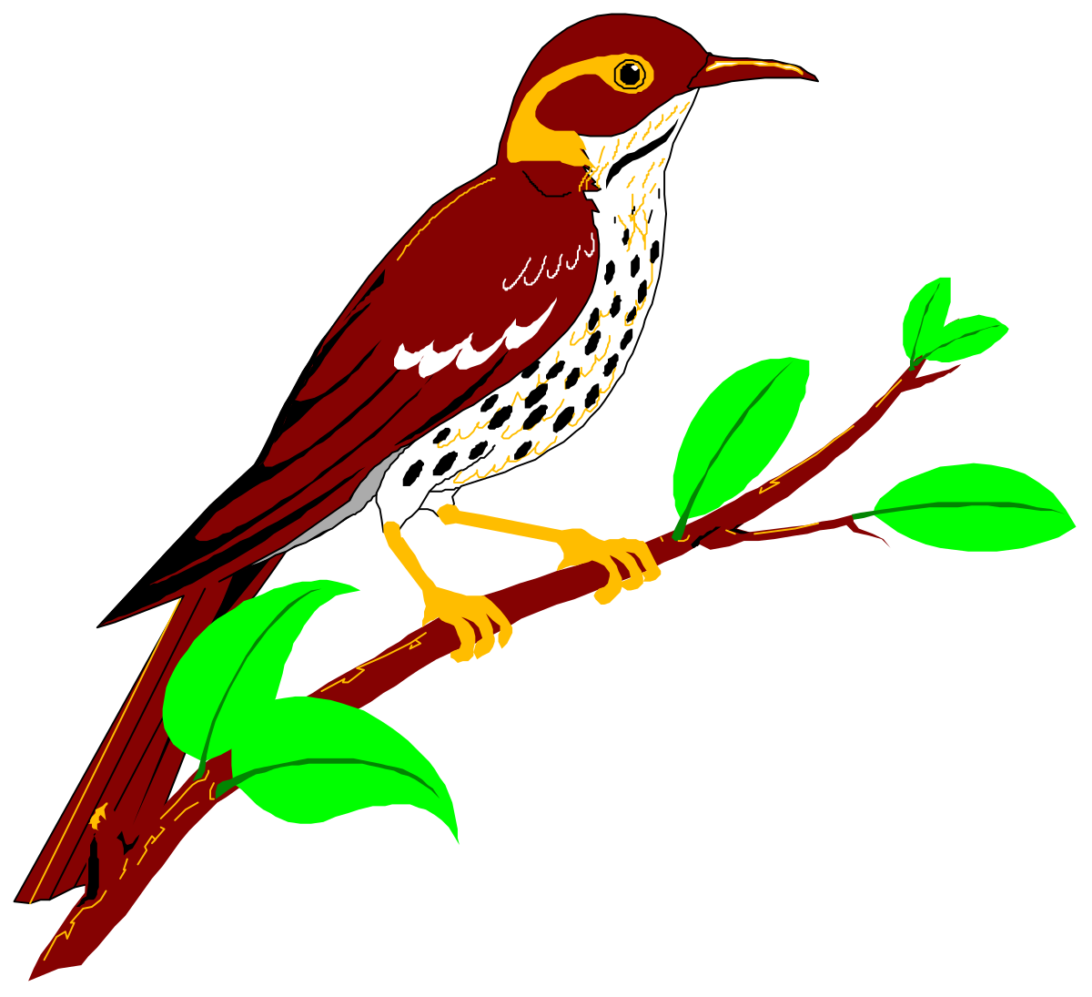 Bird on a Branch with Green Leaves - Charming Nature Clipart