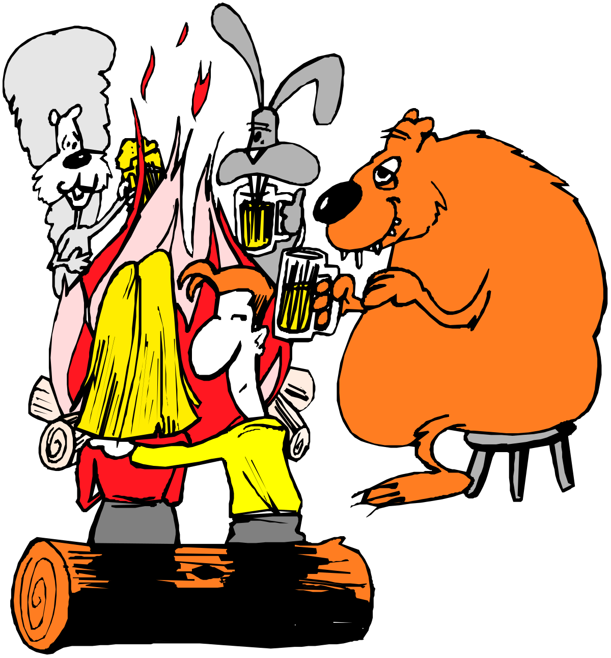 Bear and Woman Enjoying Beer Cartoon Clipart